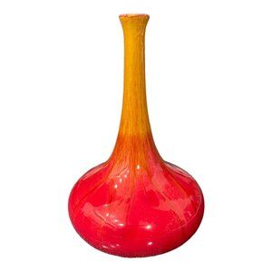 MCM Lava Glazed Ceramic Bud Vase Red to Orange Fat Bottom Pottery 8" Vintage
